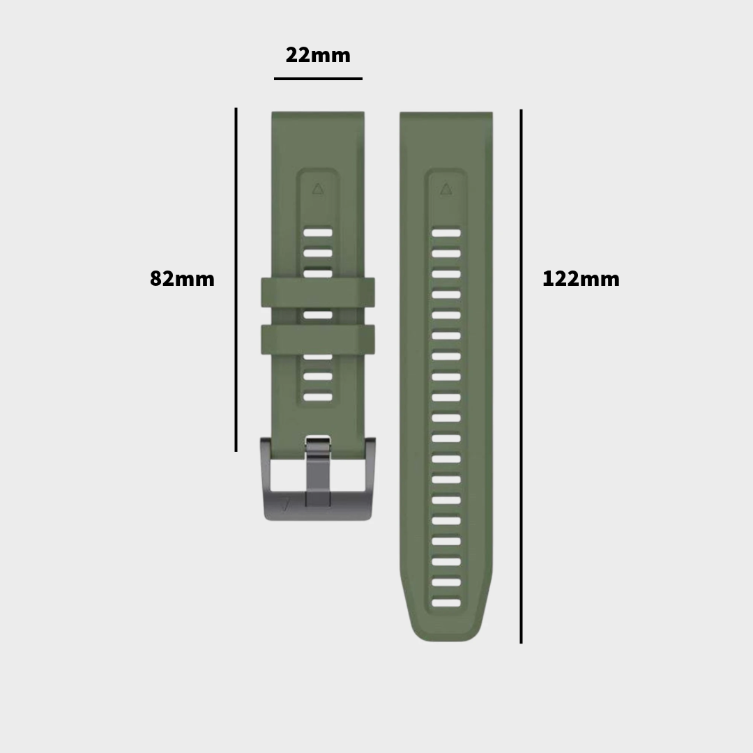 Garmin QuickFit silicone strap dimensions showing 22mm lug width 82mm buckle piece and 122mm long tail strap